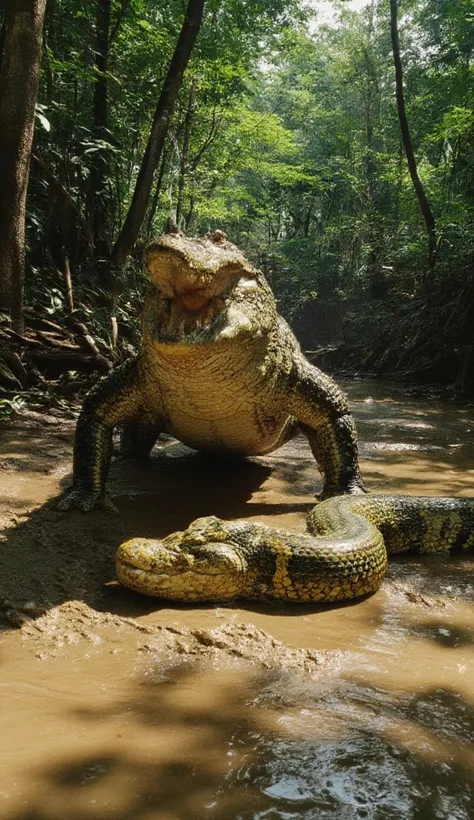 A fierce jungle confrontation shows a massive crocodile standing victorious, its rough, scaly body glistening with mud and moisture as it snarls with its jaws wide open. Beneath it lies a defeated anaconda, its thick, coiled body sprawled lifeless on the m...