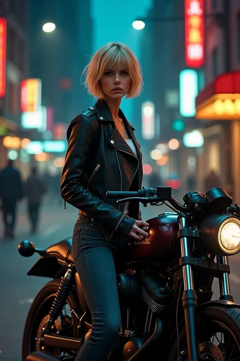 Short haired blonde girl with a motorbike on her side on a street with lights, Its for the cover of a book  