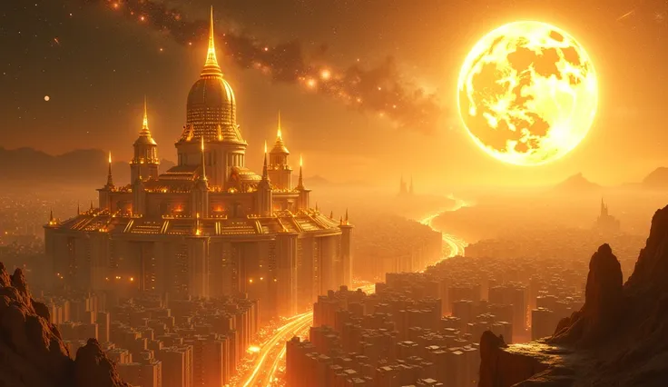 A celestial city on the edge of the cosmos, glowing under the light of Venus. The buildings shimmer with gold, reflecting the abundance brought by Venus’s energy. The atmosphere feels prosperous, full of possibility, and radiant with golden light. --ar 16:...