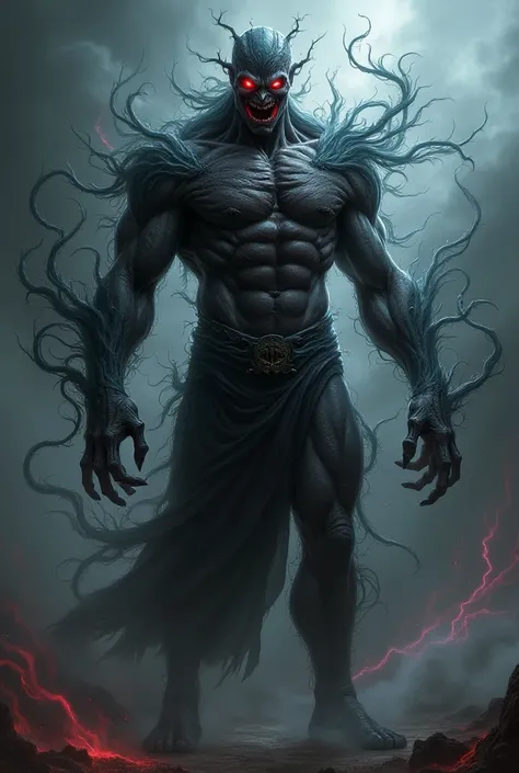 A terrifying, muscular man fully wrapped in a swirling, ghostly body suit of ethereal, demonic jinns. The jinns are made of dark, shadowy smoke with glowing red and white eyes, claw-like hands, and sinister, snarling faces, merging seamlessly into his body...