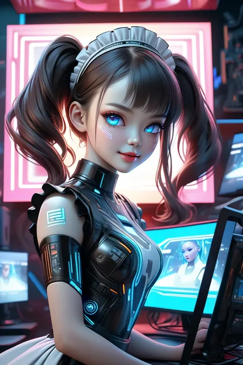 A cute maid with red twin tails hair in cyber space, surrounded by many holographic monitors, Ultra Chibi Style,girl smiling, cyberpunk, realistic, (best quality,4k,8k,highres,masterpiece:1.2),ultra-detailed,(realistic,photorealistic,photo-realistic:1.3),c...