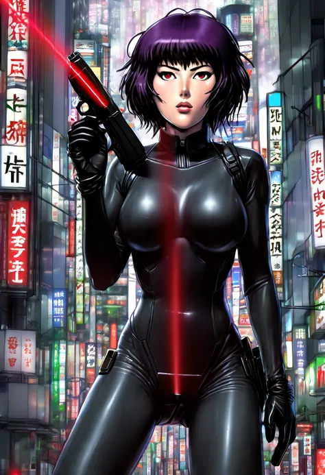 (masterpiece,Distinguished Quality,Mirror-like,Cinematic Experience,insanely detailed,absurdres),8k,wallpaper,,(Best illustrations:2.0),(One Woman:2.0),(Motoko Kusanagi:2.0),(Ghost in the Shell-style worldview:2.0),(Black tactical bodysuit:2.0),(Heavy blac...