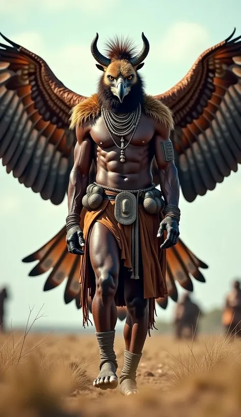 "An imposing fusion of an African warrior and a powerful beast, showcasing a warrior adorned in traditional attire, seamlessly blended with the features of a fearsome creature. This hybrid entity stands tall in a wild landscape, with elements like fierce a...