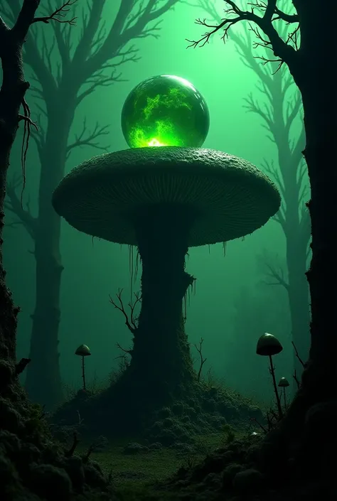 Deep in the dark forest, toxic green reflection sphere on the top of scary mushroom