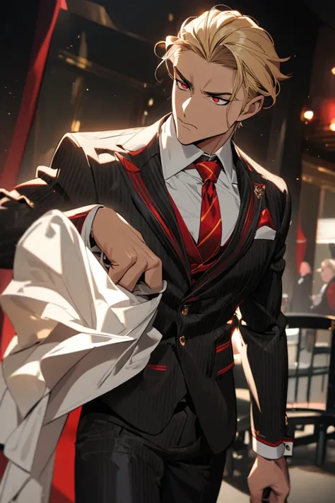 Beautiful red eyed blond handsome president man wearing black pinstripe suit, white dress shirt with French cuffs and golden cufflinks and red power tie perfectly tied in Double Windsor knot