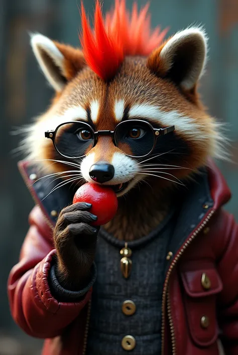 Create a punk raccoon ,  with red hair and glasses, masturbating the penis