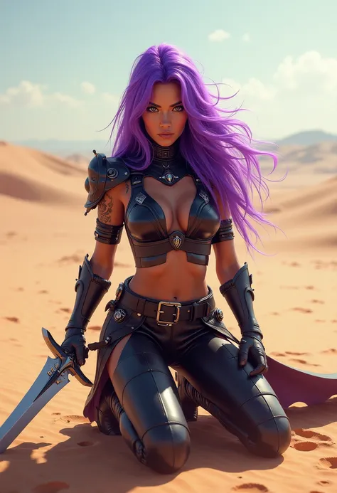 arafed woman on her knees with purple locks hair and a sword in a desert, deviantart artstation cgscosiety, 8k high quality detailed art, extremely detailed artgerm, alena aenami and artgerm, hyperrealistic fantasy art, digital fantasy art ), rossdraws 1. ...