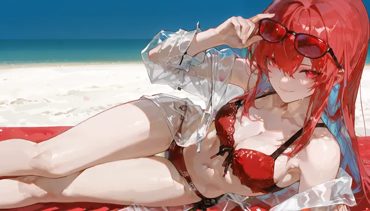  top quality , masterpiece,        748cm style       ,        1 girl,   ,       viewers,  ,      smile,,      Punishing Gray raven、     Vera、     bare shoulders, bare hands, red bra, swimsuit, cleavage, Red Hair,  blue inner hair,   long hair, glasses on f...