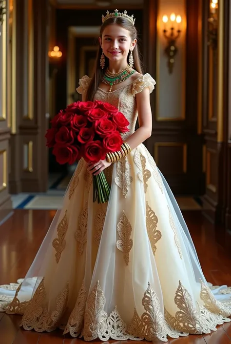  A professional full-body photograph from head to toe ,  of a 15-year-old blonde with elegantly collected dark brown hair ,  with an Egyptian gold headband with emeralds on her head ,  around her neck she wears an Egyptian gold necklace with emeralds ,  in...