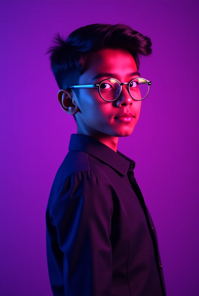  An Indian boy with fair skin wearing spectacles and narrow body posing for a linkdin picture formals purple light in background 