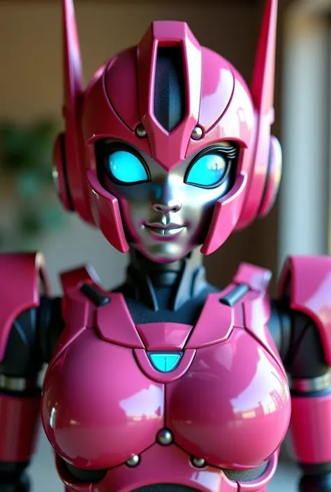  Arcee the autobot from transformers in the family room. Looking at and standing up super close to the camera like a selfie 
Arcee robot face
Dark pink metallic autobot 
Small cute smile
Massive  robot breasts
Beautiful eyes