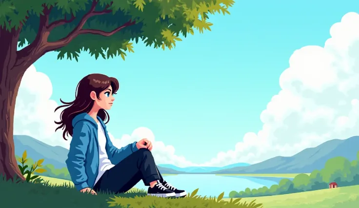  you can make an 18-year-old girl , PIEL BLANCA,  dark brown waist-length hair (long),  sky blue eyes, white flannel, light blue jacket,  black pants ,  black sports shoes, That she is sitting under a tree watching the landscape,  pixel art style