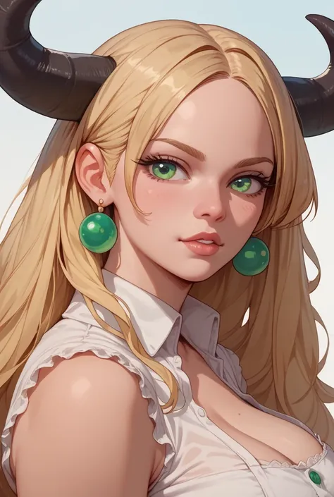  Woman, blonde hair large, green eyes, very big bobs, big breats, bull horns