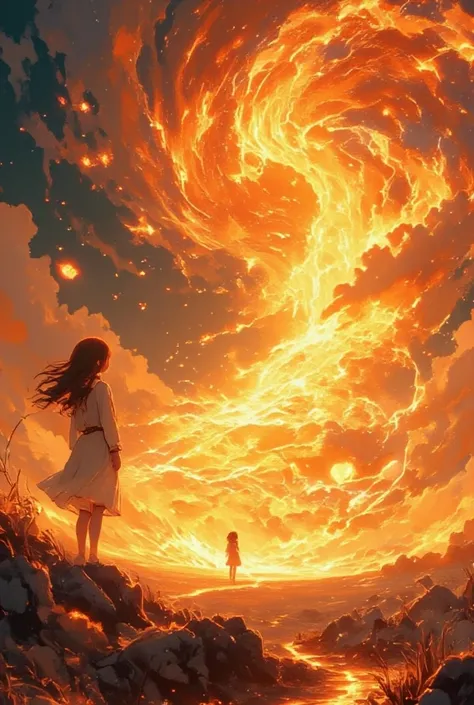 1girl standing at sun surface. looking huge solor tornado.focus on solar tornado. close-up of solar tornado.polar vortex.at ground, there is Solar flare, Solar spicule,solar prominence,Solar plage ,solar corona,coronal loops,dark filament,chromosphere,Sola...