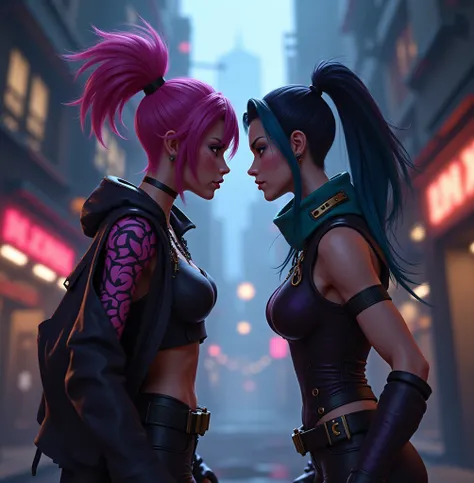 Jinx and Vi from arcane, looking towars the viewer
