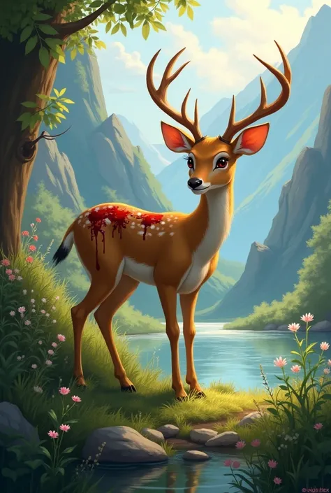 A wounded doe looking for mountain water 