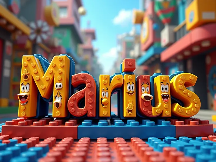 Create a poster extremely detailed with letter-by-letter writing le prénom "MARIUS" en français. dans un style Disney 4D. LÉCRITURE DOIT ÊTRE BIEN VISIBLE. 
Thème LEGO.