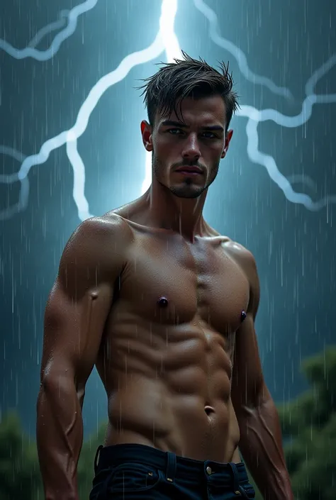 Shirtless handsome boy in the rain with lightning