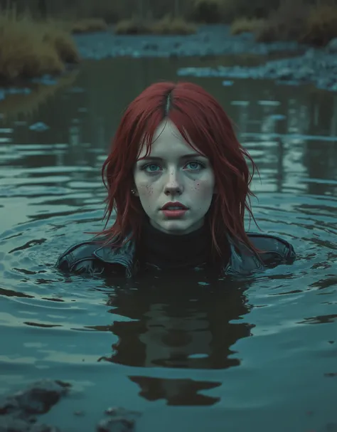 extremely detailed pale woman drowning in sticky sludge bog puddle, in leather jacket and turtleneck,жертва ритуала, грязевая яма, drowned below sludge,  фотосессия в стиле фэшн, теряющий контроль, головной убор,традиционный макияж коренных народов, red gr...