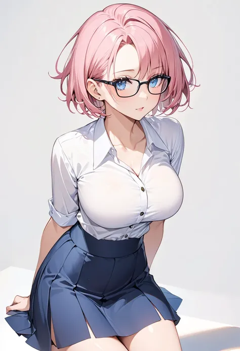 woman, slim waist, pink hair, short hair, open forehead, no bangs, no bangs, blue eyes, big breasts, black rectangular glasses, white shirt, short shirt, blue skirt, short skirt, skirt above the knees