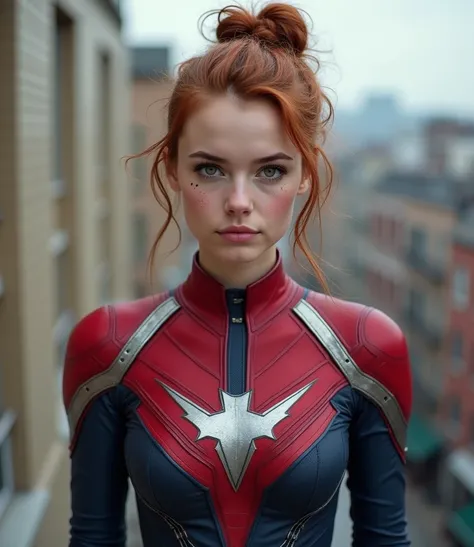 young superhero woman, pale green eyes, thick dark eyebrows, freckles, scar across eyebrow, athletic toned body, wearing red and dark blue superhero bodysuit accented with silver, silver symbol on chest, no mask. Messy bun,  auburn hair. Standing on buildi...