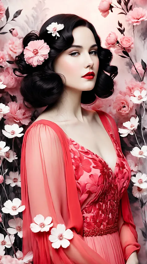 In a whimsical floral backdrop, a graceful European woman from the 1920s stands elegantly. Her delicate features are softly illuminated, framed by gentle waves of dark hair. She wears a flowing pink dress that billows lightly, enhancing her serene presence...