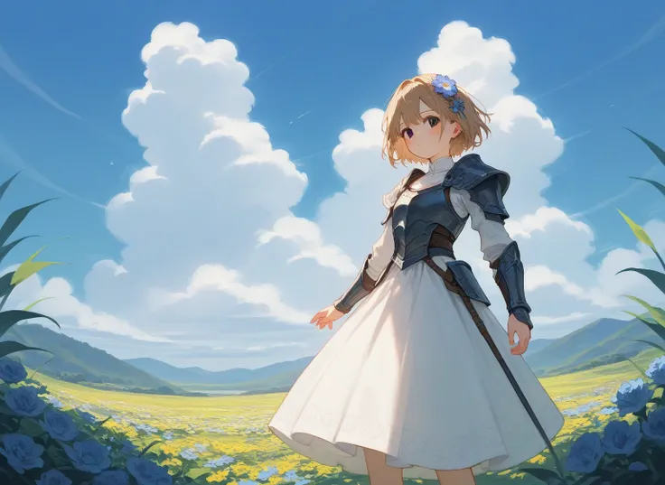 1 girl, armor ,  black eyes, by the blue, blush, cloud, dress, flower,  hair ornament,  long sleeves,   looking at the spectator ,  outdoors,  short hair, sky, Alone, Standing, white dress, day, hair flower