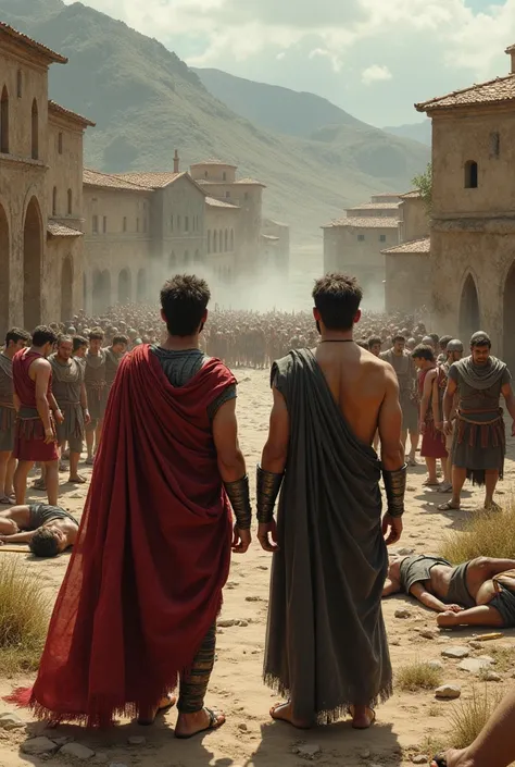 Remus and romulus looking at battle area villagers against raiders there are corps and villagers won italienic style peoples in ancient ages there are few man