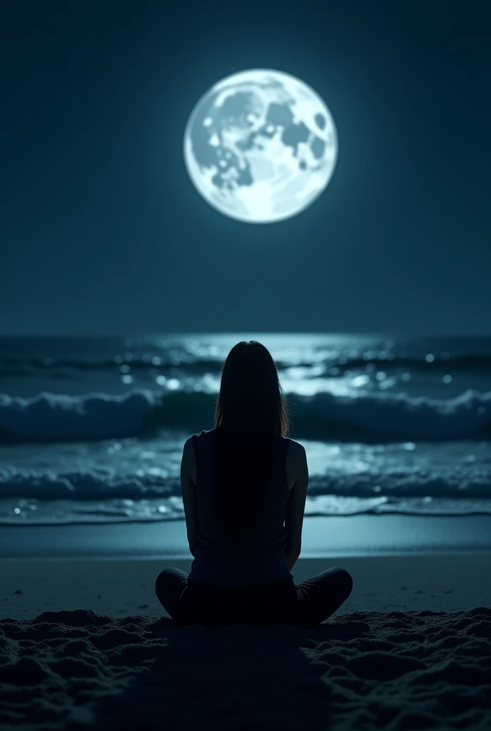 Realistic image of lonely woman sitting on the sand at the beach at night with the full moon behind her