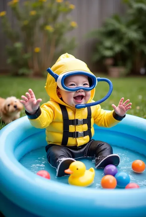 Prompt: “A hilariously adorable baby dressed as a tiny scuba diver, complete with a plastic diving helmet, oversized flippers, and an inflatable suit making them look like a living floatie. The baby is sitting in a small inflatable pool filled with colorfu...