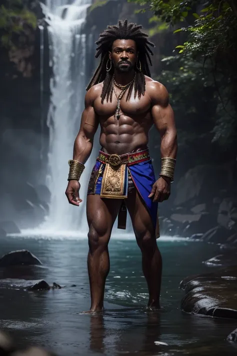 A photo of a robust muscular middle-aged black African warrior with a chiseled muscular physique standing in a waterfall. The warrior has a handsome grey+bearded face with a strong jawline and grey shoulder-length dreads..His body is wet from the water pou...