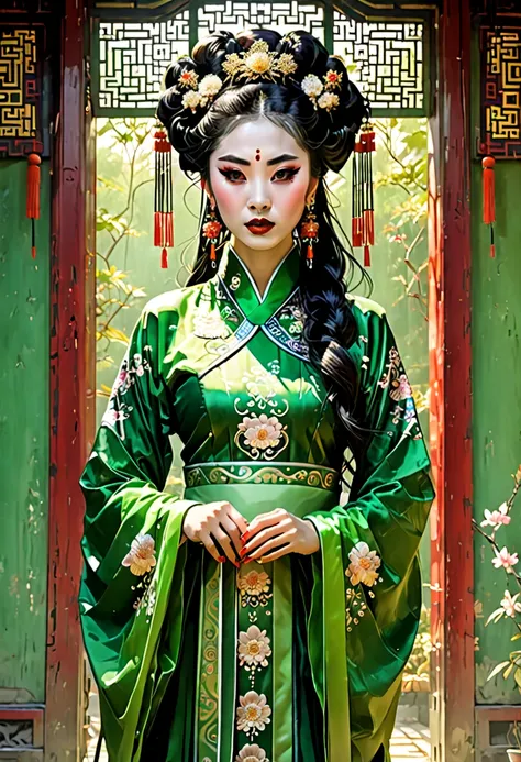 ((full body)), samdoesarts style award winning full body portrait of a beautiful woman, ((perfect feminine face)),((Ancient Chinese Green Clothes)), ((green peking Opera costumes)), (Long sleeves) Gazebo, Complex, (Beautiful Detail Eyes, elongated eyebrows...