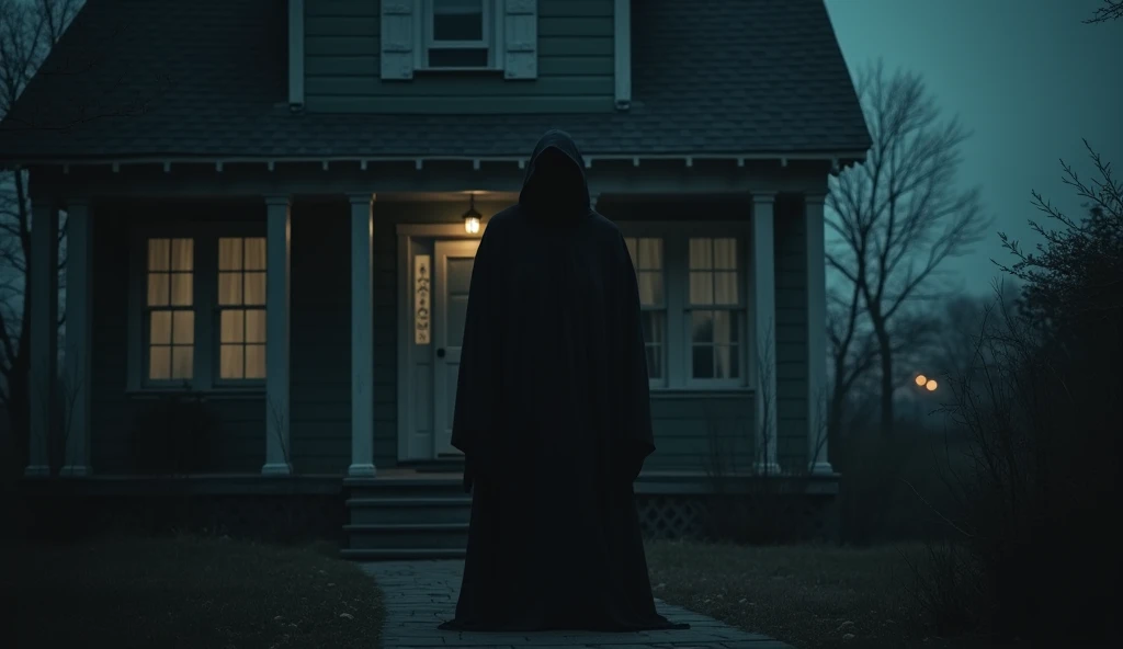 creepy horror empty quiet house lights ON at night and a black hooded figure standing on the house porch
