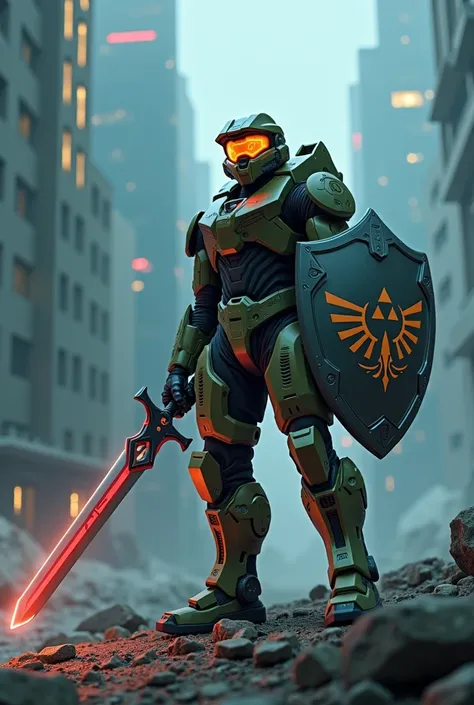 Le master chief avec l epee de legende de link en version futuriste dans la main droite.
And the Zelda shield in your left hand.