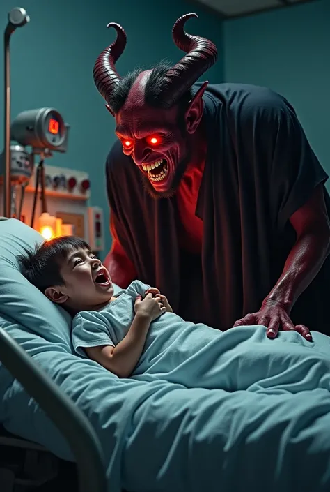 A dark and unsettling hospital scene featuring a small  lying in a hospital bed, visibly scared and clutching the blanket tightly. The ’s wide, tear-filled eyes are fixed on Satan, who stands at the foot of the bed. Satan has a terrifying appearance with r...