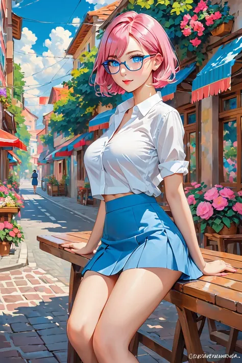 woman, slim waist, pink hair, short hair, открытый лоб, без чёлки, no bangs, no bangs, blue eyes, big breasts, black rectangular glasses, white shirt, short shirt, blue skirt, short skirt, skirt above the knees, Лента, Закрытый рот, Высокое разрешение, Точ...