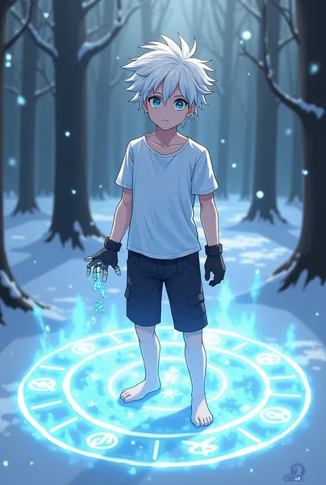  draws a  boy with messy white hair ,  sky blue eyes ,  a white t-shirt short sleeves , shorts negros,  that is barefoot and has black gloves and an ice power on one of its hands and that it is in a snowy forest with a sky blue circle under its feet, Like ...