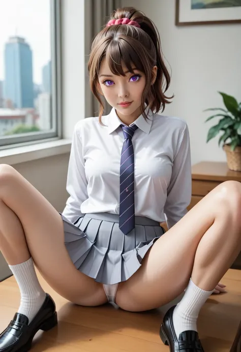 yada toka, brown hair, high ponytail, purple eyes, red scrunchie, tokaschool, white shirt, collared shirt, long sleeves, necktie, grey skirt, pleated skirt, spread legs, kneehighs, black shoes, blue scrunchie