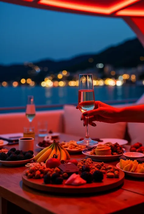 Angle from top to bottom of a  female hand red long nails holding a champagne glass on an elegant table set outdoors on a yacht at dark night. On the wooden table there are a variety of foods, such as fresh fruits (blackberries, strawberries, bananas, figs...