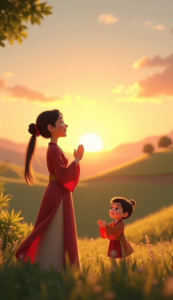 Disney Pixar style (A parent raising their hands in prayer at sunrise, with ren playing peacefully in the background, symbolizing hope and blessings.
