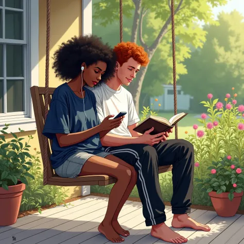 Generate in a pencil drawing in color style a image of a serene scene set on the porch of a cozy home, where a couple shares a quiet, intimate moment on a hanging chair swing overlooking a lush garden bathed in the soft light of the day.

Kenia, a young Bl...