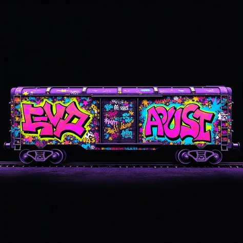 various fluor graffitis, like the ones on trains, painted over a completely black background. 