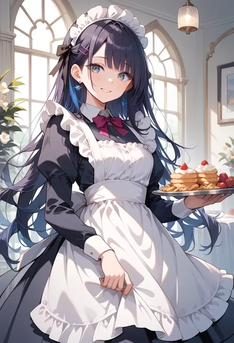 ((masterpiece, best quality, ultra detailed, high resolution, detailed facial description)), (1 girl), (maid, maid headdress, maid apron, mini skirt), (black long hair), (light makeup), (Holding a tray with plate of food and drinks in both hands), (light s...