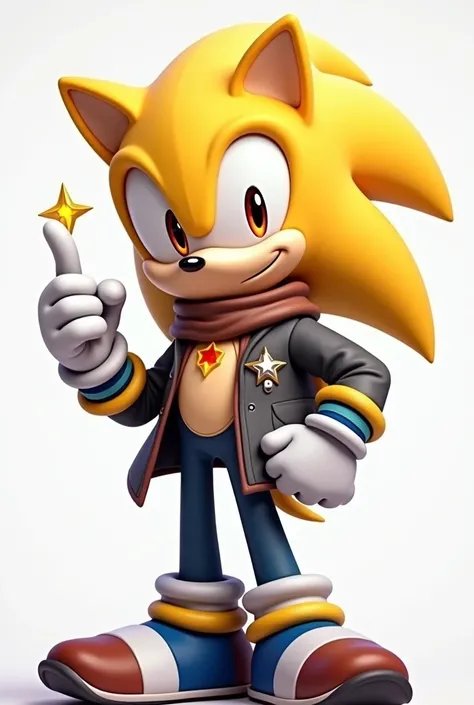 (Sonic the hedgehog style)A golden yellow hedgehog with a fucined light skin color with brown eyes wearing a light yellow shirt with a star design in the center along with a gray jacket, dark blue leggings with light blue stripes with white socks and glove...