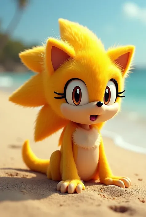 (Amy rose style)A golden yellow hedgehog with a very sexy and hot body with a light-skinned muff with dark brown eyes with a naked butt showing her butt out sitting on the beach sand with her tongue out moaning sexy style +18 