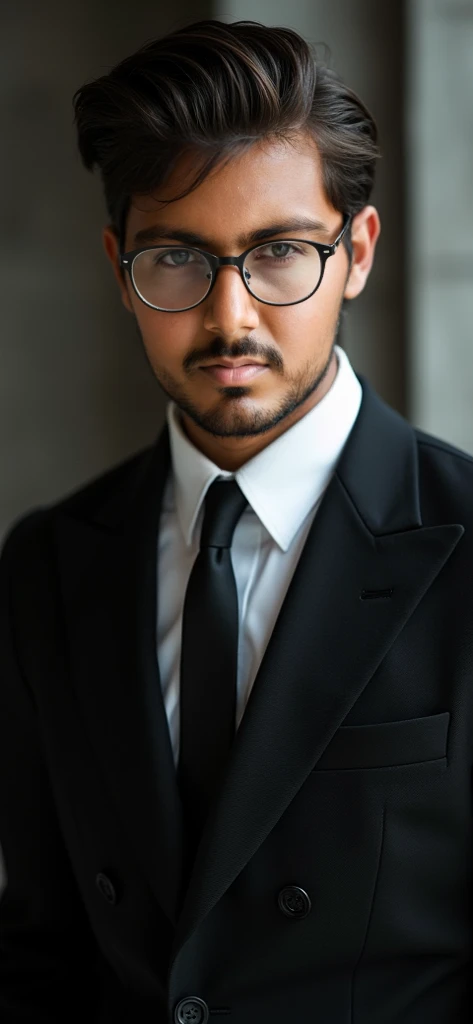 Handsome man with black hair wearing square silver metal frame spectacles and wearing formals white shirt with black coat on top of that , black tie and black pants white socks and black formal shoes