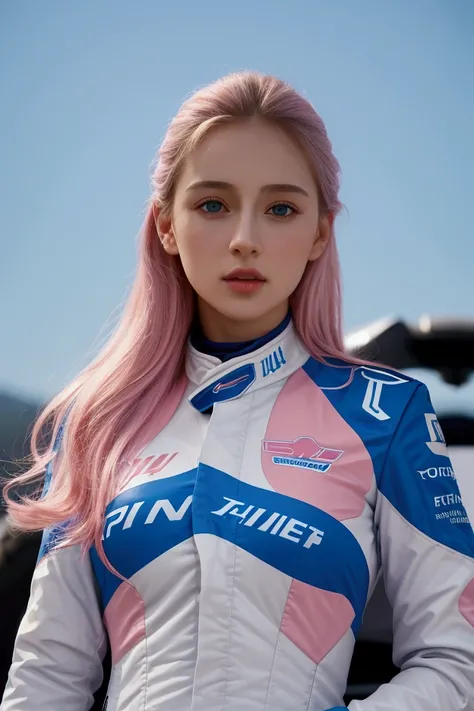 Photo, 8K, super detailed, ultra resolution, caucasian young female racing driver wearing Blue with pink details "Alpine logo" in white right up,  "BWT" pink in center. F1 racing slim suit. perfect breasts. perfect body, Apply rule of thirds leaving the wo...