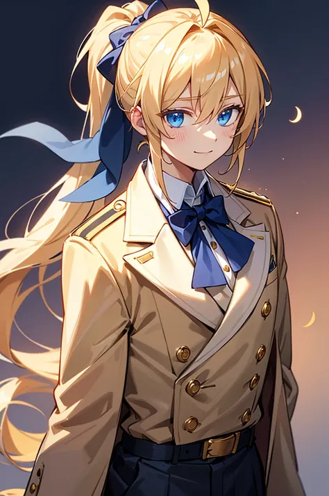 solo, blonde_hair, 1boy, , blue_eyes, looking_at_viewer, male_focus, smile bangs, low_ponytail, ahoge, upper_body, hair_between_eyes, , ponytail, , long_hair, , shirt, 1boy, 17_years_old, teenager, 56, simple_background, hair_ornament, , blush, ahoge, hair...