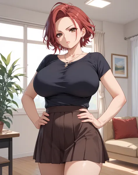 score_9, score_8_up, score_7_up, source_anime, 1woman, mature female, huge breasts, large breasts, curvy, voluptuous, legs, red hair (slicked back hair), brown eyes, short cut, black t-shirt, brown short skirt, earrings, necklace, serious, standing, hands ...