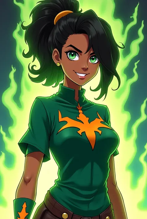 Imagine a lady with emerald colored flames behind her. She is putting on an emerald shirt with designs made of orange color. She looks fierce. She is of an anime-style illustration. She has the stance of a warrior. She is brown skinned 